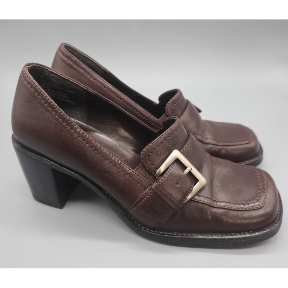 Bass Vintage Y2K  Block Chunky Heel Brown Leather Loafers Sz 6.5 M Buckle Strap